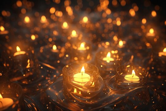A group of lit candles sitting on top of a table. This image can be used to create a cozy and warm atmosphere or for religious and spiritual themes.