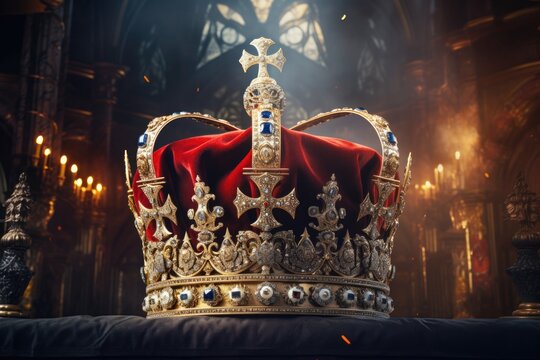 A crown sitting on top of a table. This image can be used to depict royalty, power, or a symbol of authority. It can also be used to represent leadership or success.