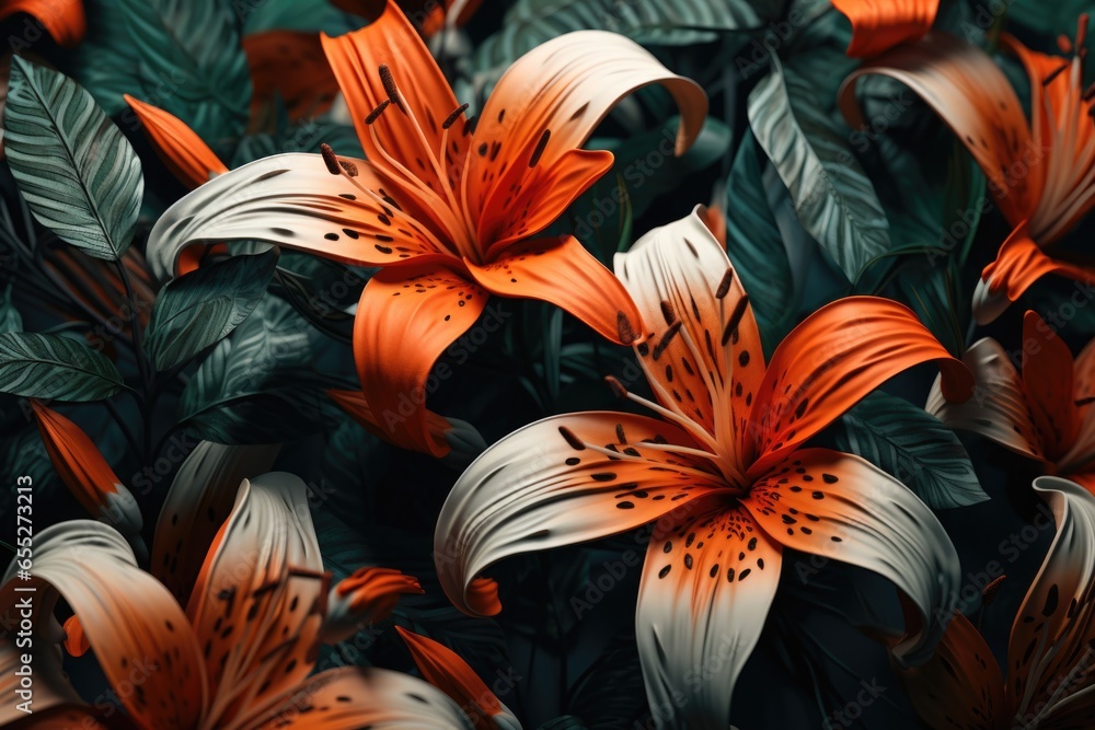 Poster a beautiful arrangement of orange and white flowers with vibrant green leaves. perfect for adding a 
