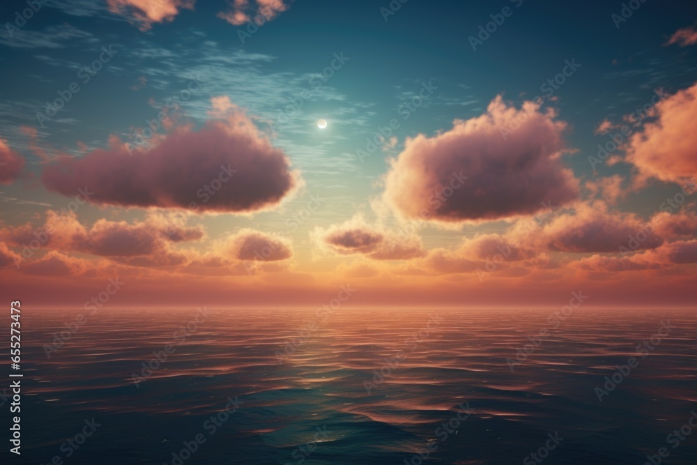 Poster a tranquil scene featuring a vast body of water beneath a dramatic cloudy sky. this captivating imag