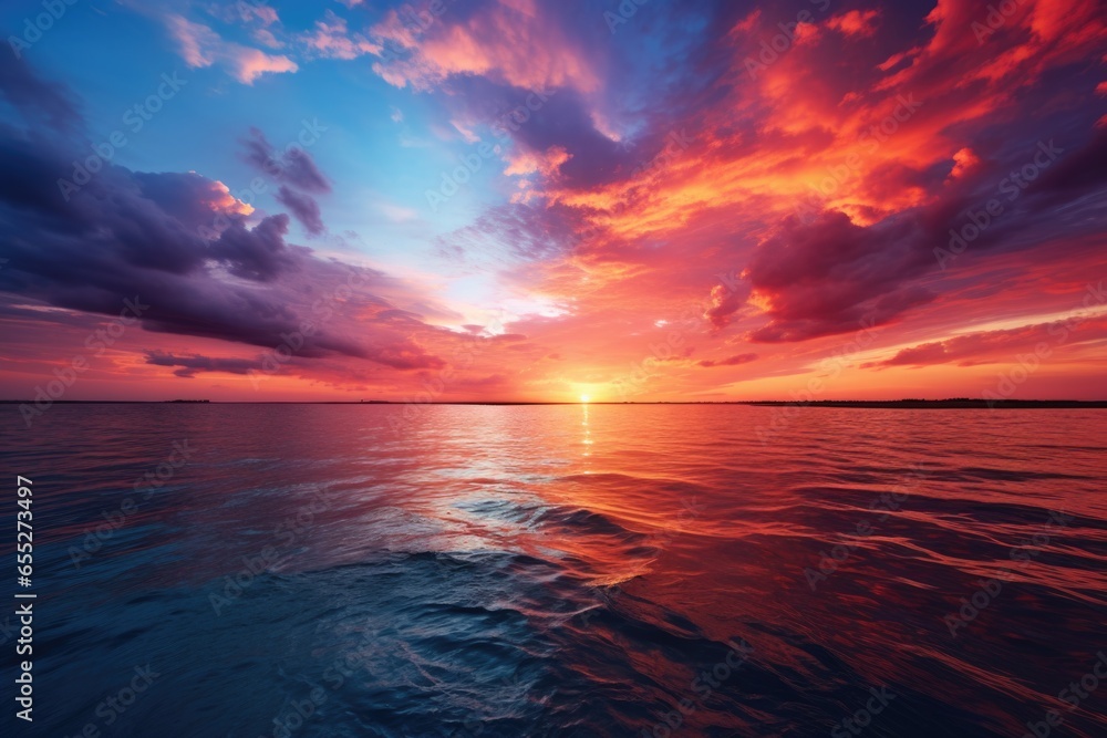 Poster a beautiful sunset scene with the sun setting over the ocean and clouds in the sky. perfect for beac