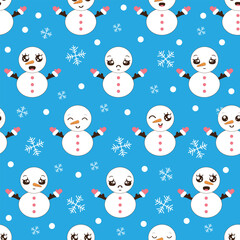 Christmas seamless pattern with snowmen in kawaii style on a blue background. Christmas and New Year design