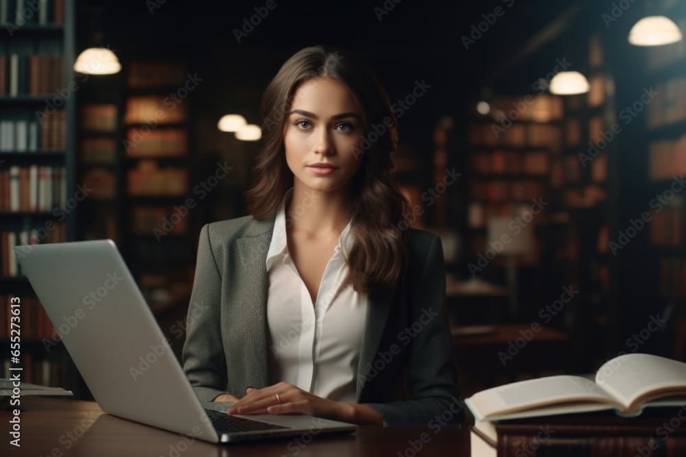 Poster a woman sitting at a desk using a laptop computer. this picture can be used to illustrate concepts r