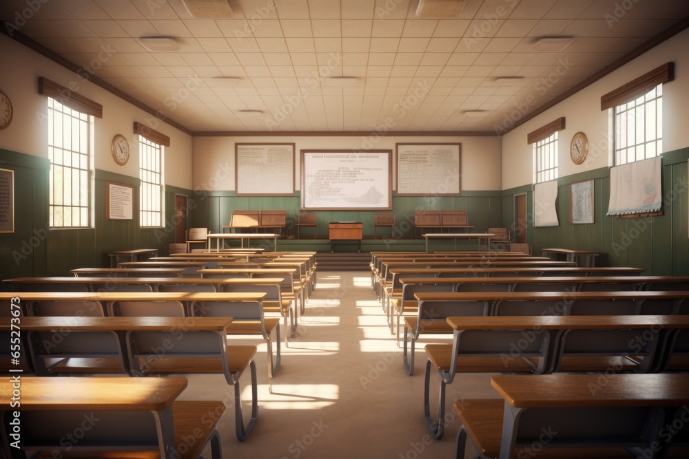 Poster a picture of a classroom filled with numerous desks and chairs. perfect for educational or school-re