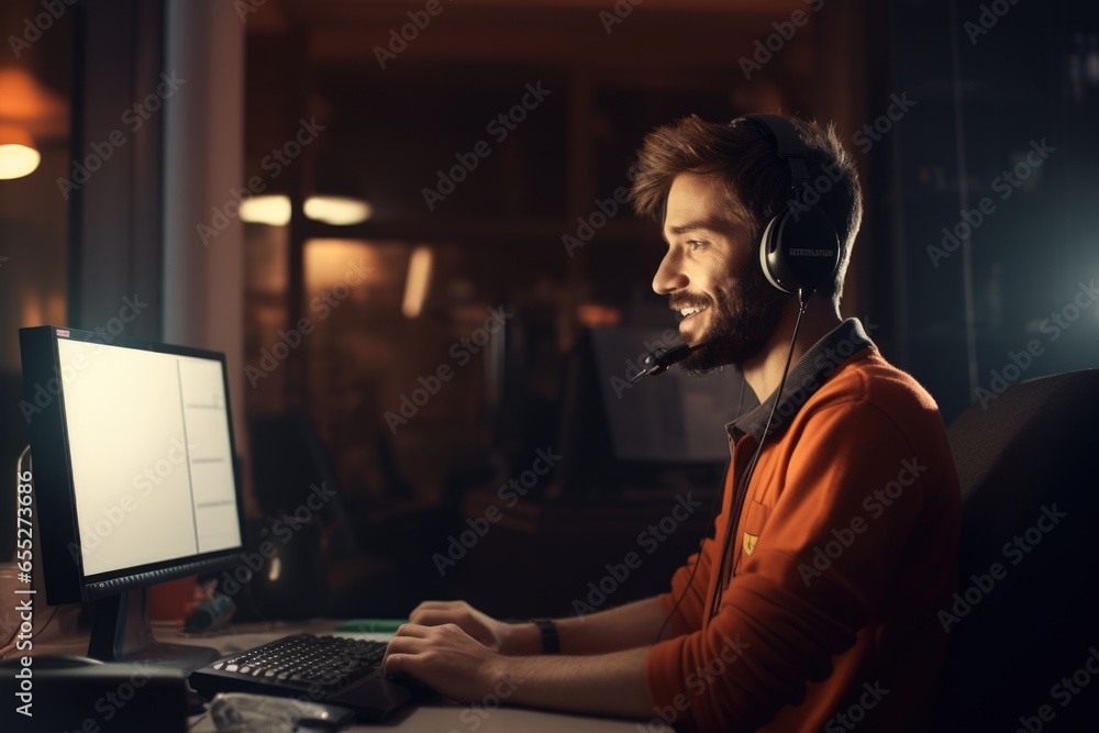 Aufkleber A man wearing a headset sits in front of a computer. This image can be used to depict a call center operator or someone working in customer service.