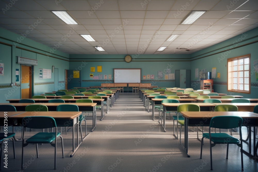 Aufkleber A picture of a classroom with rows of desks and chairs, along with a projector screen at the front. This image can be used to depict a typical classroom setting for educational or training purposes.