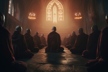 A group of monks sitting in front of a beautiful stained glass window. This image can be used to depict spirituality, religious practices, or peaceful contemplation. Ideal for websites, blogs, and pub - obrazy, fototapety, plakaty