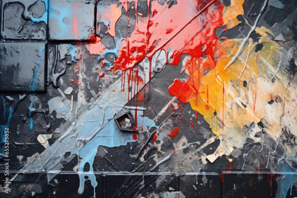 Poster A painting depicting colorful paint splatters on a wall. This image can be used to add a vibrant and artistic touch to various design projects.