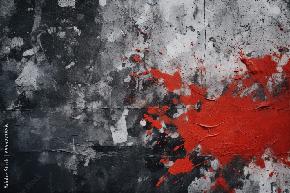 Poster A red paint splatter stands out on a black and white wall. This image can be used to represent creativity, art, or adding a pop of color to a monochromatic setting.