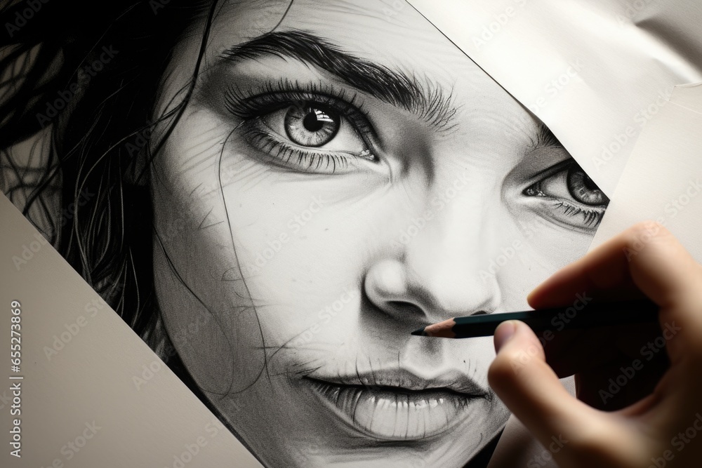 Poster A detailed drawing of a woman's face created with a pencil. This image can be used for artistic projects or to illustrate the process of creating artwork with a pencil.