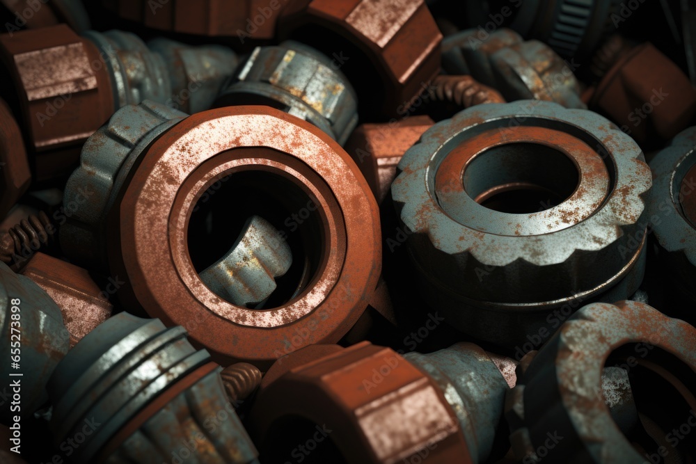 Poster A pile of rusty pipe fittings stacked on top of each other. This image can be used to represent industrial equipment, construction, plumbing, or the concept of recycling and repurposing.
