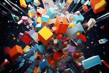 A vibrant and dynamic image capturing a bunch of colorful cubes flying through the air. This versatile picture can be used to add a pop of color and energy to various creative projects. - obrazy, fototapety, plakaty