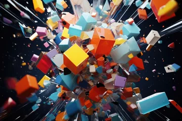 Foto op Plexiglas A vibrant and dynamic image capturing a bunch of colorful cubes flying through the air. This versatile picture can be used to add a pop of color and energy to various creative projects. © Fotograf