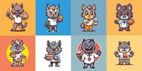 Halloween vector collection of werewolf holding a Cake Bakery, 8 character.Symbol graphics Suitable for screen printing t-shirts, book covers, and various printing