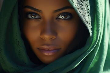 Naklejka premium A close-up image of a woman wearing a green scarf. This versatile picture can be used in various contexts.