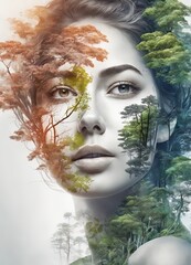 beautiful woman in a forest with a tree. beautiful woman in a forest with a tree. digital composite of beautiful young woman with autumn leaves