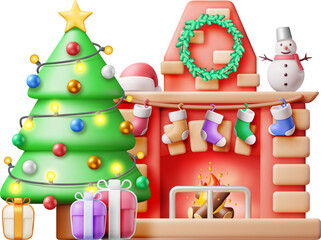 3D Red Brick New Year Fireplace