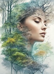 digital composite of a young woman with fantasy forest background digital composite of a young woman with fantasy forest background portrait of beautiful girl with green leaves on the background of a 