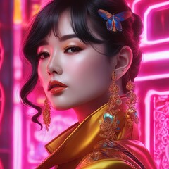 asian girl wearing chinese dress and golden jewelry beautiful girl with a golden hair and a red lipstick asian girl wearing chinese dress and golden jewelry