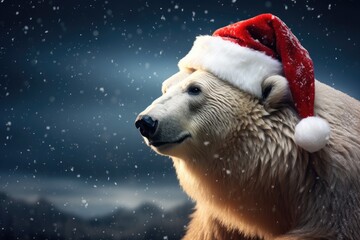 White polar bear in Santa hat on blurry snowfall background with mountains. Snowy night. Holiday beautiful photography