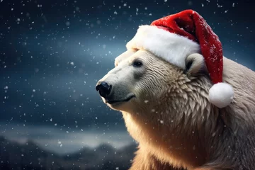 Poster White polar bear in Santa hat on blurry snowfall background with mountains. Snowy night. Holiday beautiful photography © dreamdes