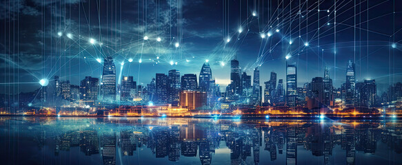 Big data connection technology. Cityscape telecommunication and communication network concept. Smart city and digital transformation. - obrazy, fototapety, plakaty