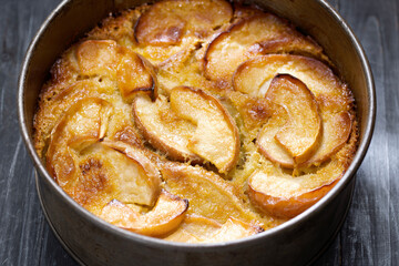 rustic apple cake in baking tin