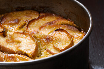 rustic apple cake in baking tin