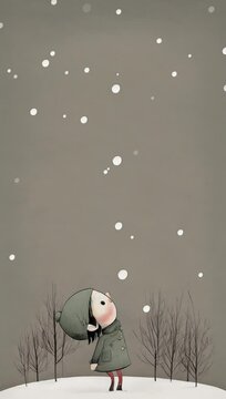 Illustrated Child Delights in Magical Christmas Snowfall.A child gazes in awe at the Christmas snowfall gently descending around them. It embodies the concept of innocence, 
