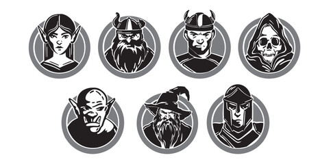 Fantasy character silhouette avatar, vector medieval RPG game role classes icon set, magic wizard. Female elf face, warrior knight fighter, troll, viking head, fairy tale orc, death. Fantasy character
