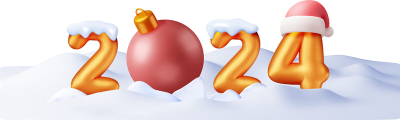 3d Gold Balloon 2024 New Year Symbol in Snow