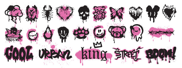 Spray graffiti element vector set, can brush drip splatter smiling kit, urban street black grunge. Hand writing stain splash, heart silhouette airy ink stroke and circles. Spray graffiti dark clipart © Oleksandra