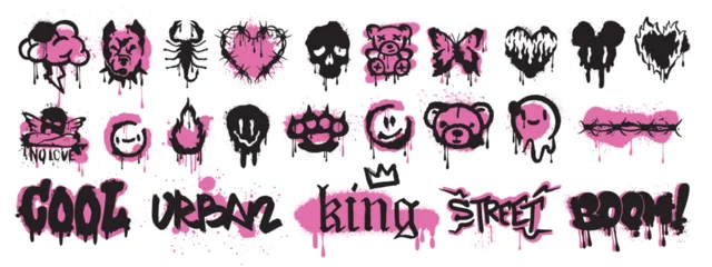 Fototapeten Graffiti Spray graffiti element vector set, can brush drip splatter smiling kit, urban street black grunge. Hand writing stain splash, heart silhouette airy ink stroke and circles. Spray graffiti dark clipart  © Oleksandra