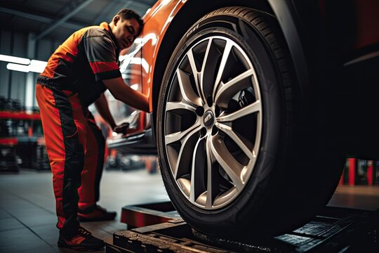 tire changer Check the condition of new tires in stock for replacement at the car tire service center.