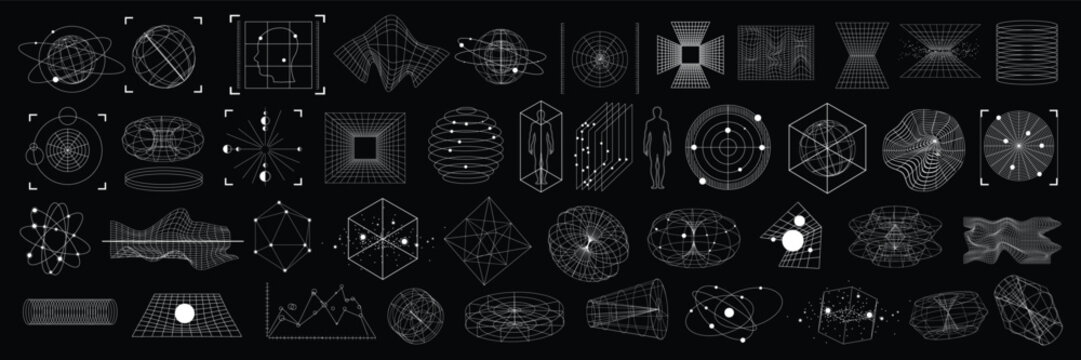 3D cyberpunk grid u2k wireframe shape set, vector warp retro futuristic geometric icon collection. Vintage science mathematic perspective frame, techno blueprint object kit globe. Futuristic wireframe