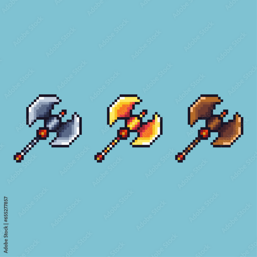Poster pixel art sets of axe weapons with variation color item asset. simple bits of gold,silver,bronze axe