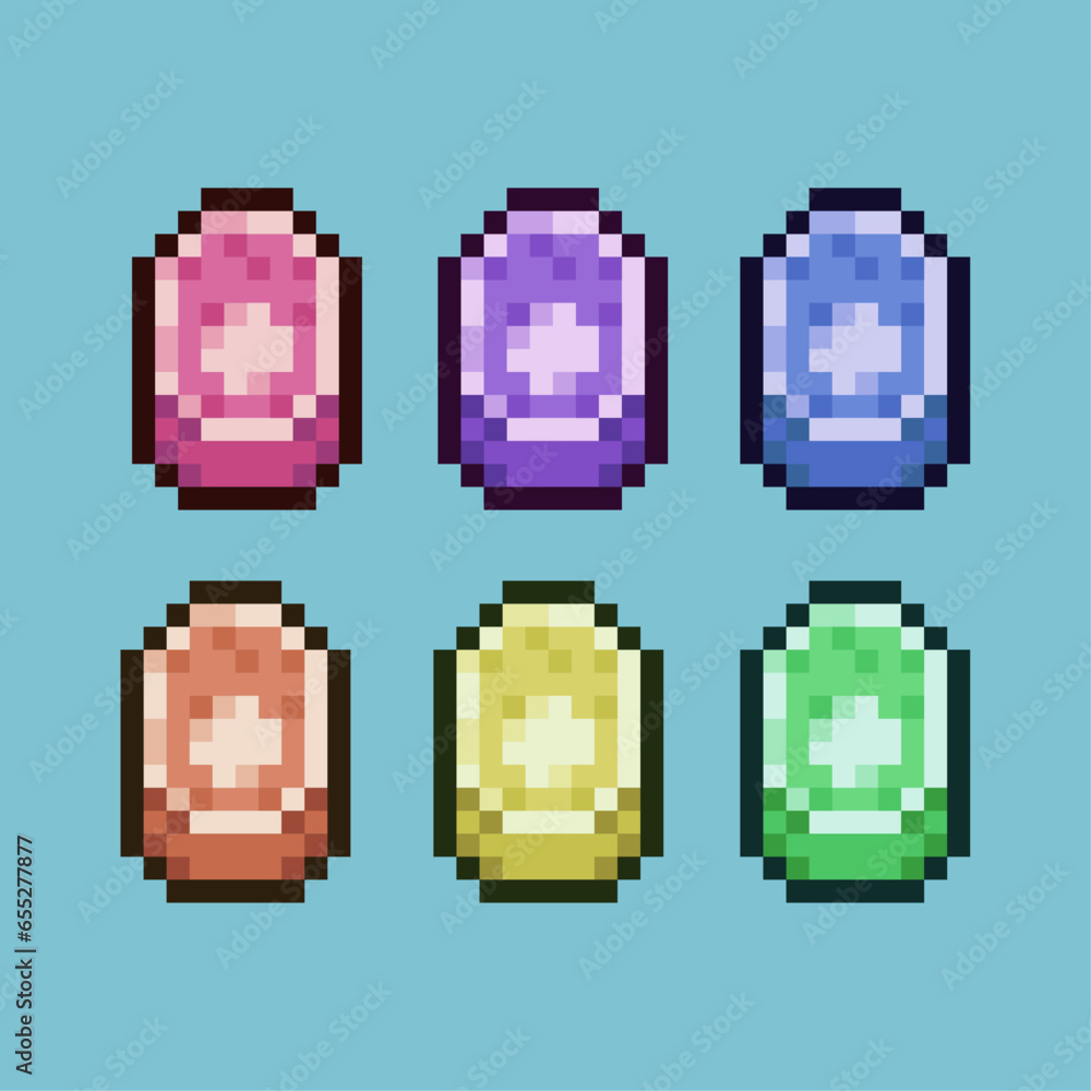 Poster pixel art sets of raw meat food with variation color item asset. simple bits of meat on pixelated st