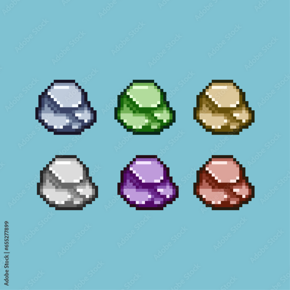 Poster pixel art sets of rock with variation color item asset. simple bits of rock item on pixelated style.