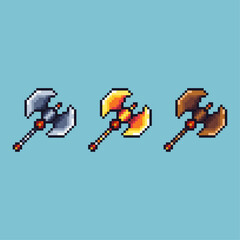 Pixel art sets of axe weapons with variation color item asset. Simple bits of gold,silver,bronze axe on pixelated style. 8bits perfect for game asset or design asset element for your game design asset