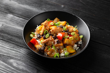 Stir fry Chicken with Black Bean, vegetables and rice