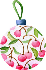 Watercolor illustration of Christmas or New Year decoration on the tree. Hand drawn decorative holiday ball