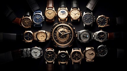 Luxury watches on black background, closeup. Luxury wristwatch collection