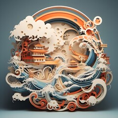 打ち寄せる波や雲や太陽が浮き出てくるような日本をイメージした絵