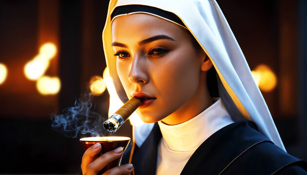 Provocative beautiful young Caucasian woman in nun costume smoking big cuban cigar. Portrait of cute sensual dreaming lady indoors smoke. Seduction concept. nun smokes a cigarette. Generative ai