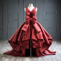 A beautiful woman's dress with multiple bows that is asymmetrical. Ruffles in dress.
