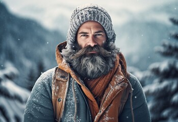 Portrait of an intrepid mountaineer at the top of a mountain surrounded by snow