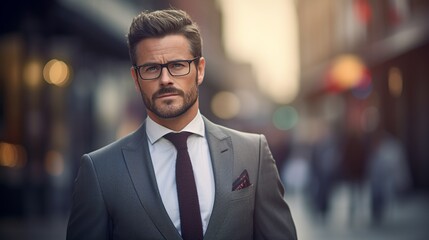 Portrait of an attractive businessman dressed in a suit on the street