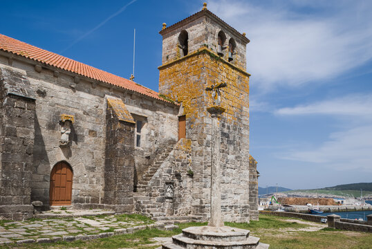 A view of Santa Mara da Atalaia church and the Porto de Laxe, Laxe, A Coru&ntilde;a, Galicia, Spain