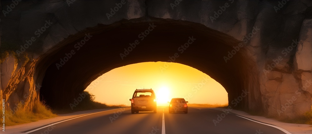 Poster light at the end of a road tunnel at sunset from generative ai