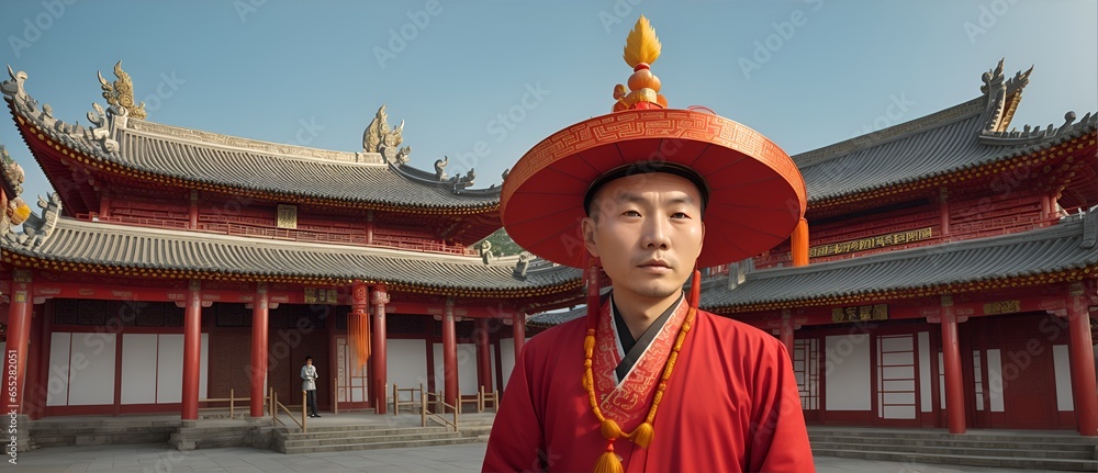 Poster native chinese man on temple background from generative ai